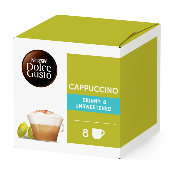 Front view of Cappuccino Skinny (16 pods) box