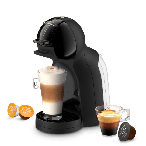 Mini Me 2 coffee machine with a latte, an espresso, and three capsules